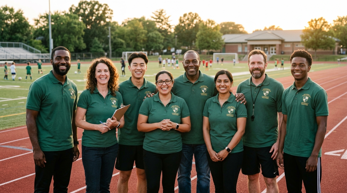 Diverse team of dedicated volunteer coaches and mentors in spruce green attire